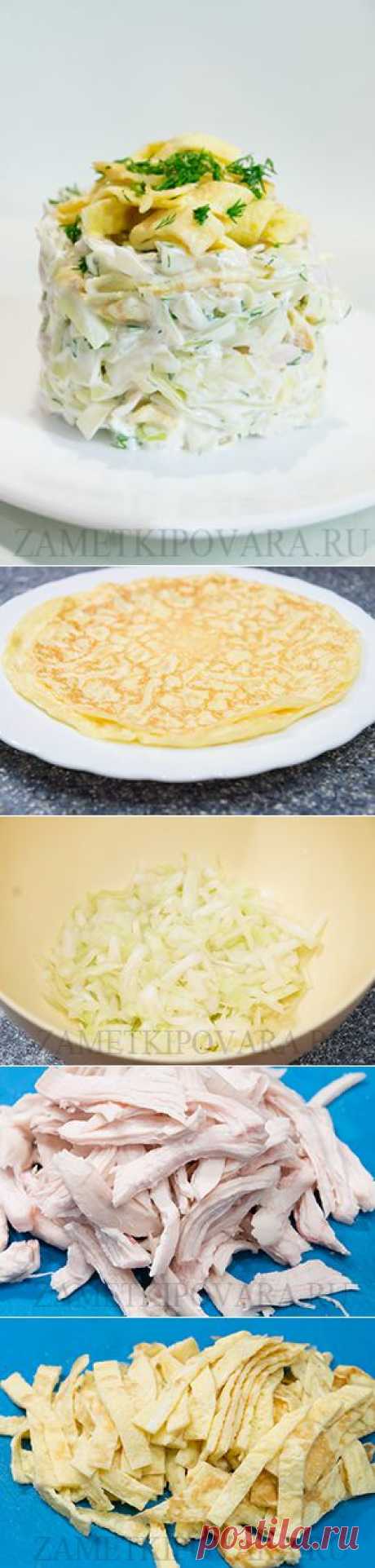 Салат из белокочанной капусты с курицей и яичными блинчиками | Простые кулинарные рецепты с фотографиями
