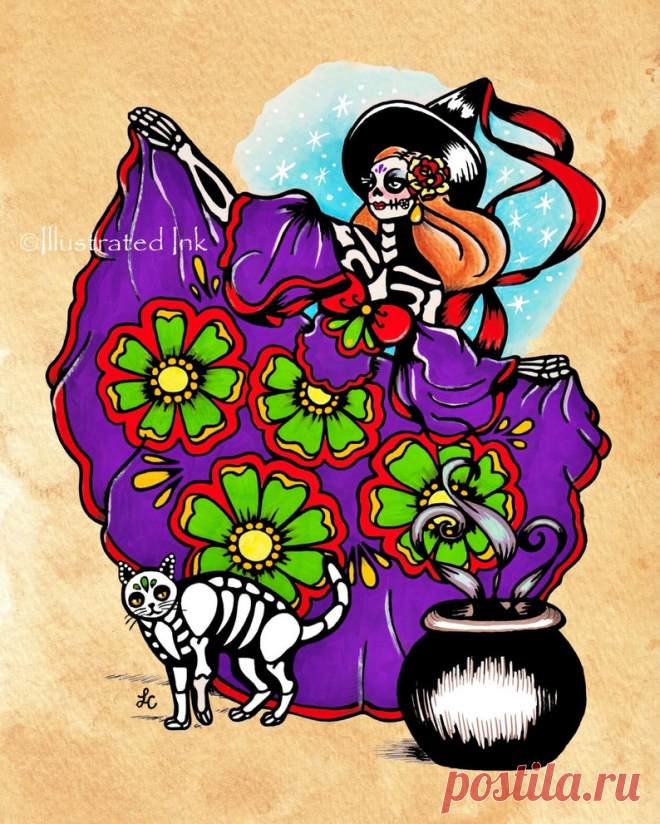 Halloween WITCH Tattoo Black Cat Day of the Dead Art Print - Etsy Chile