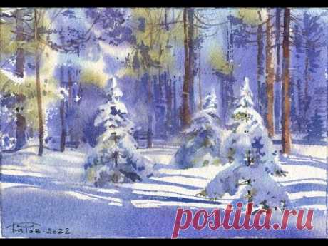 Зимний пейзаж акварелью (бумага Палаццо хлопок) Watercolor winter landscape (Palazzo cotton paper)