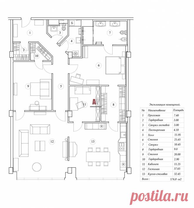 Планировка большой квартиры со сложной планировкой без окон в спальнях.