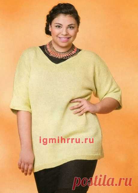 Для пышных дам. Хлопковый пуловер цвета лайма. Вязание спицами