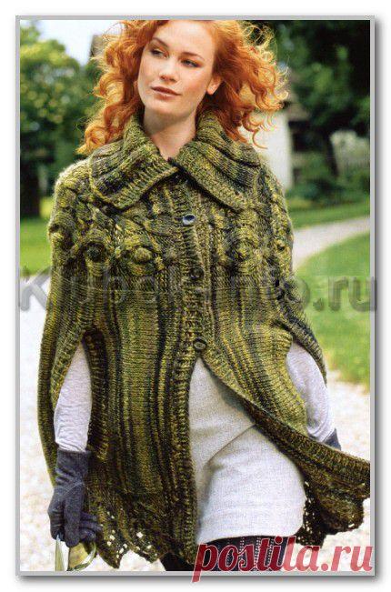 Вязание спицами. Женские модели. Накидка-пончо на пуговицах, с ажурными и рельефными узорами