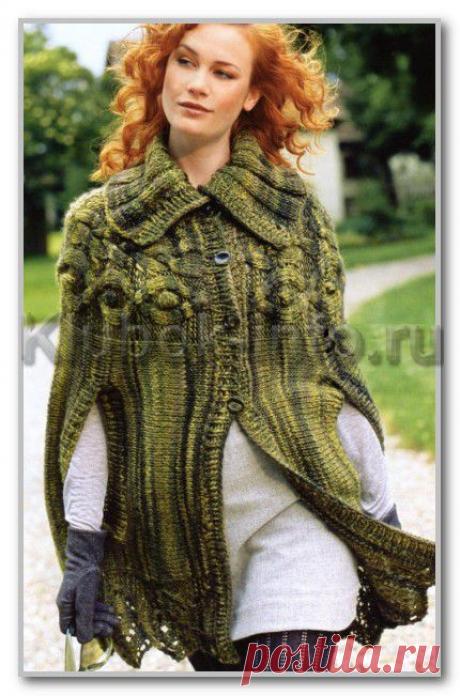 Вязание спицами. Женские модели. Накидка-пончо на пуговицах, с ажурными и рельефными узорами