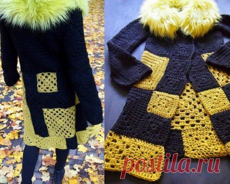 Вязаное молодежное пальто из квадратных мотивов МК