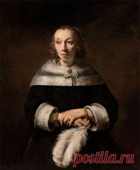 15 июля 1606 г. родился Рембрандт Харменс ван Рейн
Портрет дамы со страусиным пером, 1658-1660). National Gallery of Art-Washington
Этот портрет является одним из шедевров мастера. Удивительно точно передана отрешенность от окружающего мира, полностью ушедшей в себя женщины. С поразительным мастерством изображены форма и текстура рук и страусиного пера.