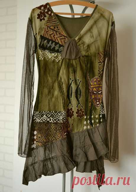 tunic boho olive knitwear hippie upcycled clothing by smArtville