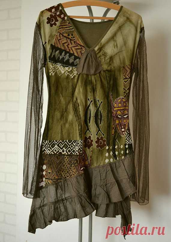 tunic boho olive knitwear hippie upcycled clothing by smArtville