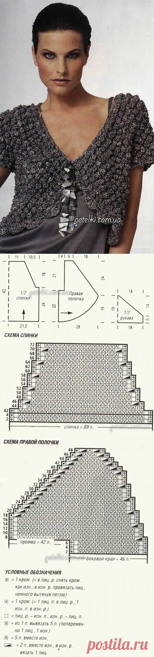 Болеро спицами ежевичным узором. Описание, схема