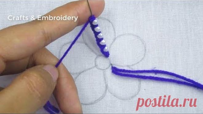 Hand Embroidery, Easy Flower Embroidery with Pearl, Pearl Flower Tutorial