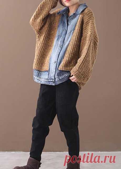 Comfy patchwork khaki knit tops oversize lapel collar knit blouse – SooLinen
