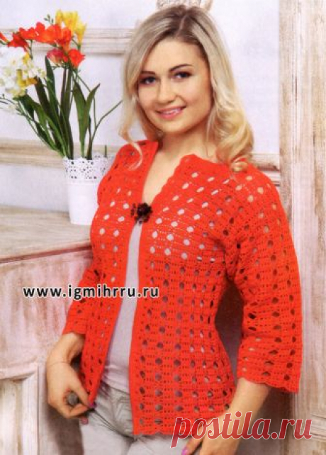 Романтичный ажурный жакет цвета солнечного апельсина. Крючок