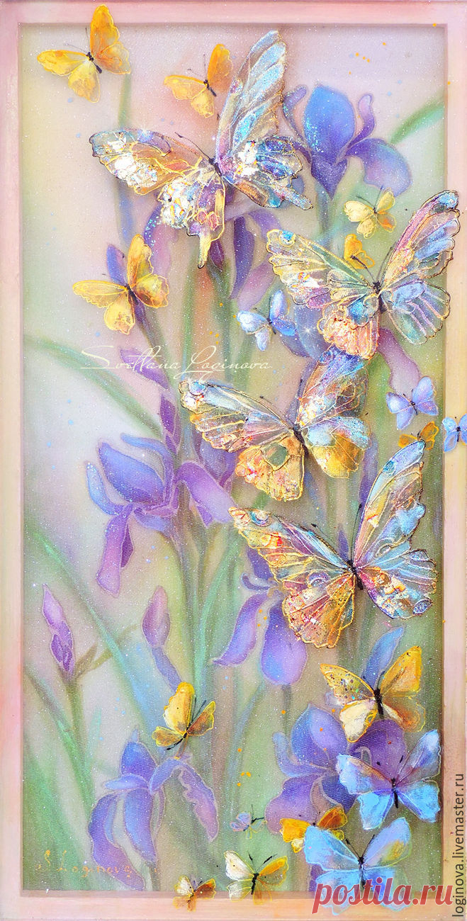 Весна... бабочки...ирисы -картина на шелке объемная, трехслойная – заказать на Ярмарке Мастеров – C1PP3RU | Картины, Находка