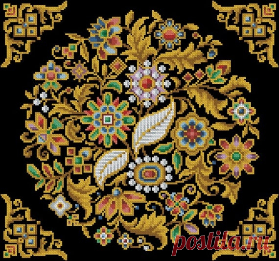 Antique Tapestry vintage gem crystal cross stitch pattern Jewelry 2 Digital Format PDF berlin woolwork victorian retro needlework chart Original hand-painted embroidery pattern chart made in between 1787 – 1900, Landwehr.  ★ Handmade masterpiece - easy to do with MagicOfNeedle cross-stitch pattern. ★  Tapestry Design shows round stylized leaf and floral pattern in many colors. Looks the best on black background, but can be done on