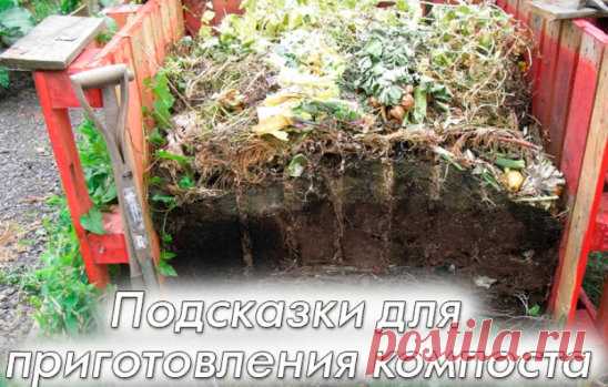 Подсказки для приготовления компоста
Компост – ценное и самое главное – бесплатное удобрение. Его всегда не хватает, ведь на приготовление уходит много времени – 7-10 месяцев. Но этот процесс можно значительно ускорить, и для этого не потребуется никаких затрат.
ЧЕГО КОМПОСТУ НЕ ХВАТАЕТ? 
Обычно для ускорения приготовления компоста можно просто раз в неделю поливать компостную яму или кучу. Поддерживая оптимальную влажность можно на один-два месяца раньше обзавестись рассыпчатым удобрением. 
Пр