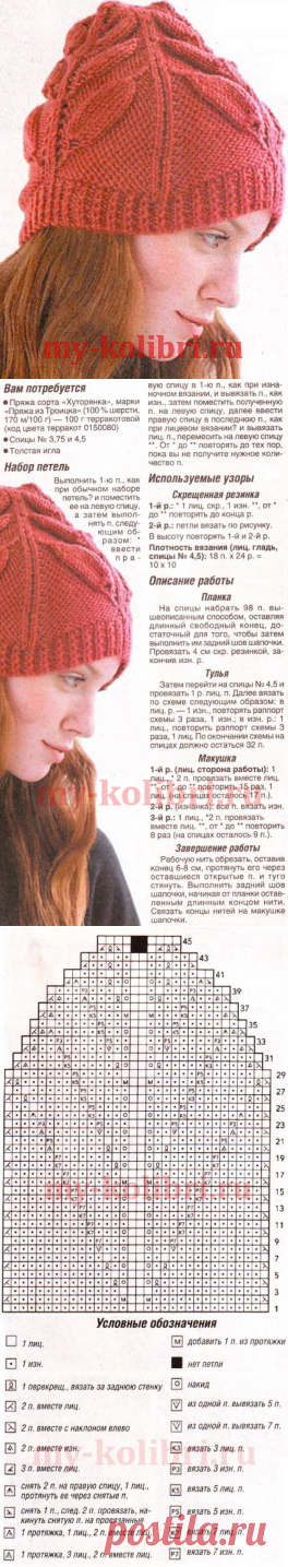 Красивая шапка спицами узором из листьев