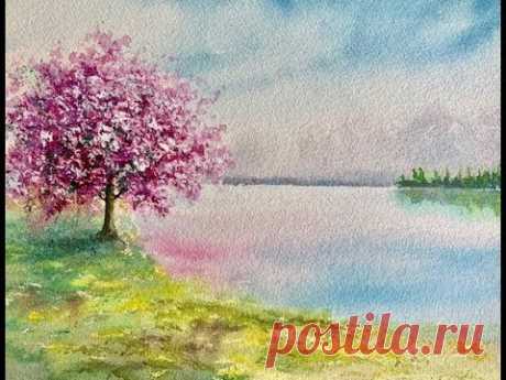 Как Дерево рисовать губкой. Акварель. How paint the tree using sponge. Watercolour