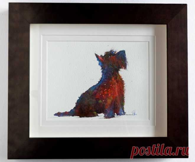 Whisky - Scottie Dog Framed Watercolour by Denise Laurent This is Whisky a beautiful scottie dog. Despite being black he's painted with lots of colour and a few metallic watercolour paints too. There are reds, greens and even electric blue in his coat. When ...