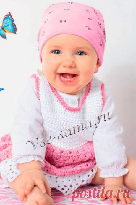 Платье, жакет и шапочка из белой и розовой пряжи - Вязание малышам крючком