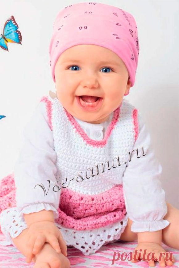 Платье, жакет и шапочка из белой и розовой пряжи - Вязание малышам крючком