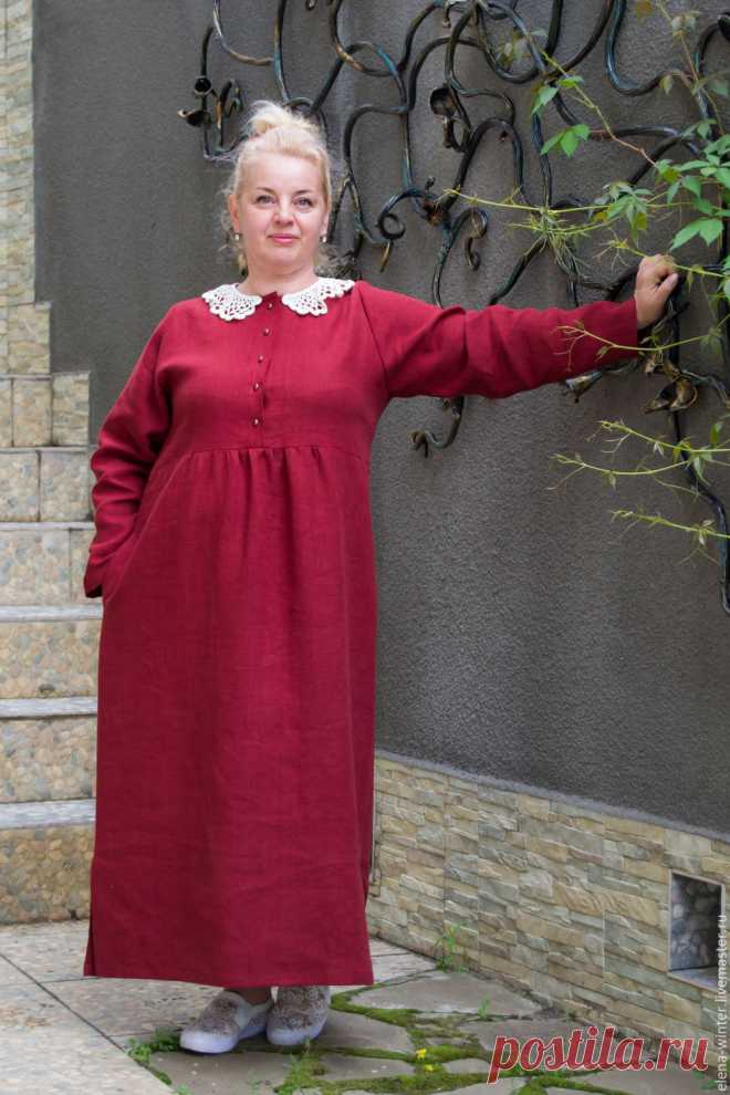 Платье бордовое Бохо Большой размер с карманами – купить в интернет-магазине на Ярмарке Мастеров с доставкой Платье бордовое Бохо Большой размер с карманами - купить или заказать в интернет-магазине на Ярмарке Мастеров | Льняное платье, прямого силуэта, отрезное ниже…