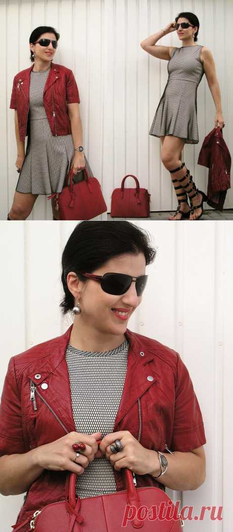 Tany et La Mode: Mesh neoprene dress, red leather jacket and gladiators – Vestido de neopreno, jaqueta de couro vermelho e gladiadoras