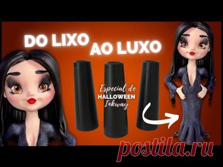 Mortiça Addams feita com Biscuit e CONES DE LINHA VAZIO - Especial Halloween Inkway |DO LIXO AO LUXO