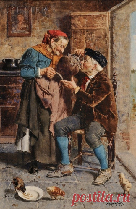 a painting of two people sitting at a table with cats on the floor and one person standing next to them