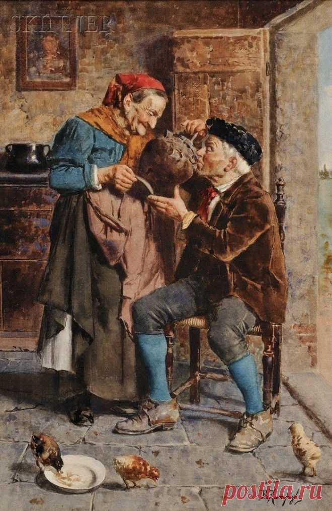 a painting of two people sitting at a table with cats on the floor and one person standing next to them