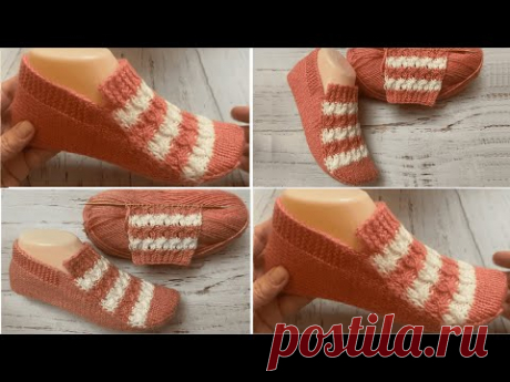 ТЕПЛЫЕ И КЛАССНЫЕ !!! Тапочки следки на двух спицах без швов  //   patik modelleri