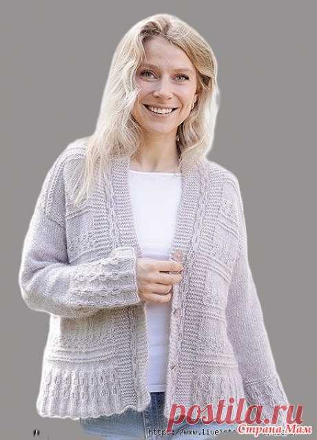Лавандовый кардиган Romance Cardigan от DROPS Design. Спицы.   Игра узоров из микса шерсти, мохера и шелка создает поистине уникальные вещи, приятные глазу и нежные к телу.  Размеры: S-M-L-XL-XXL-XXXL