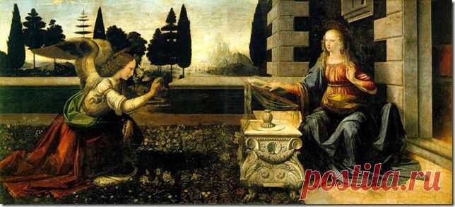 Картина Благовещение. 1472-75. В этой большой картине Леонардо основывался, главным образом, на иллюстрированных Библиях 15-ого столетия:
Архангел Гавриил становится на колени в саду Девы, ( Лука 1.26-38) которая получает его известие и узнает, что она выбрана, чтобы родить Сына Бога. 
Сцена справа- соответствует архитектуре того времени.
Средняя часть огорожена низкой стеной, достигающей высоты колена, с маленьким открытием в центре. Это открытие, которое служит фоном жесту приветствия Гаври