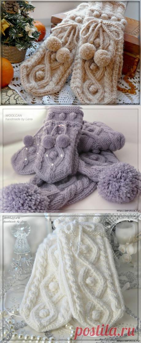 Варежки спицами узором *Ромбы с рисом*