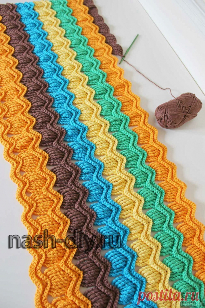 ЗИГЗАГООБРАЗНЫЙ УЗОР КРЮЧКОМ,
описание: http://nash-diy.ru/uzory-vjazanija/uzory-krjuchkom/320-zigzagoobraznyj-uzor-krjuchkom.html