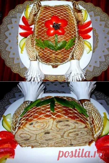 Курица, фаршированная блинами