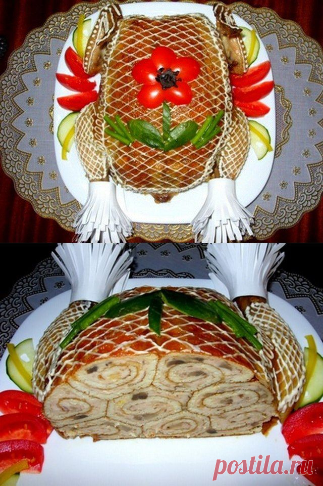 Курица, фаршированная блинами
