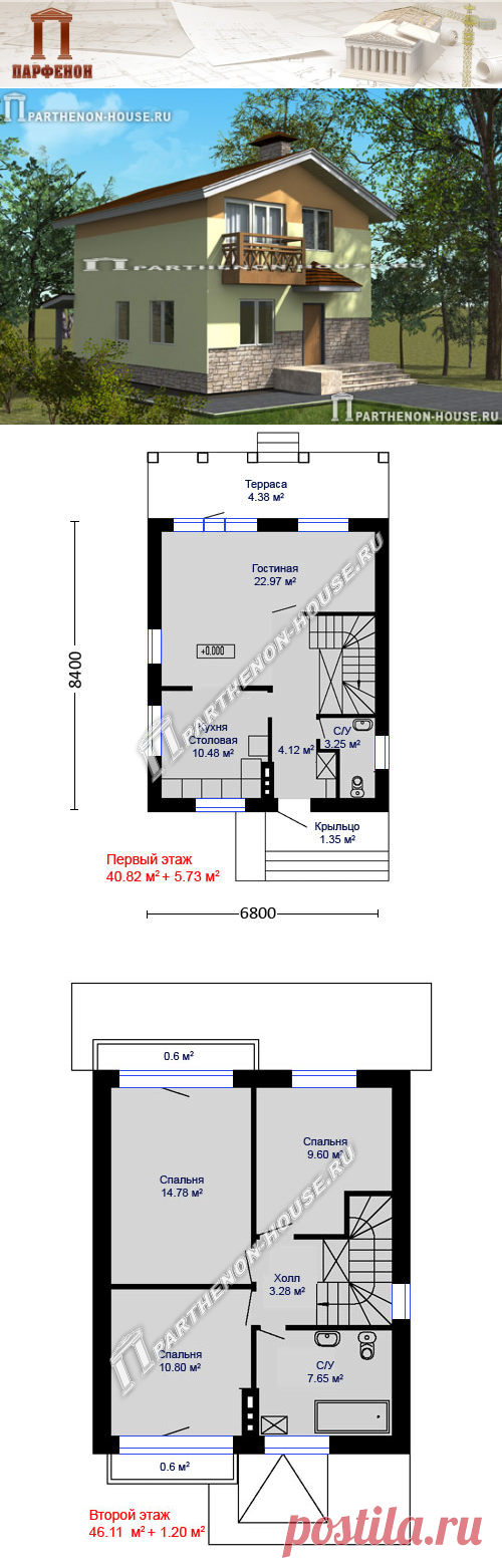 Проект небольшого двухэтажного дома из газобетона ЯА-107

Площадь общая: 107,60 кв.м.
Площадь застройки: 90,05 кв.м.
Площадь жилая: 58,15 кв.м.
Габаритные размеры дома: 6,800 х 8,400 м. (в осях)
Минимальные размеры участка: 13,00 x 15,00 м. 
Технология и конструкция:
строительство дома из газобетона