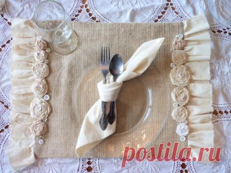 Custom Made for You..Set of TWO Shabby Chic Place Mats French Charm with Rosettes, Burlap, Muslin Ruffles