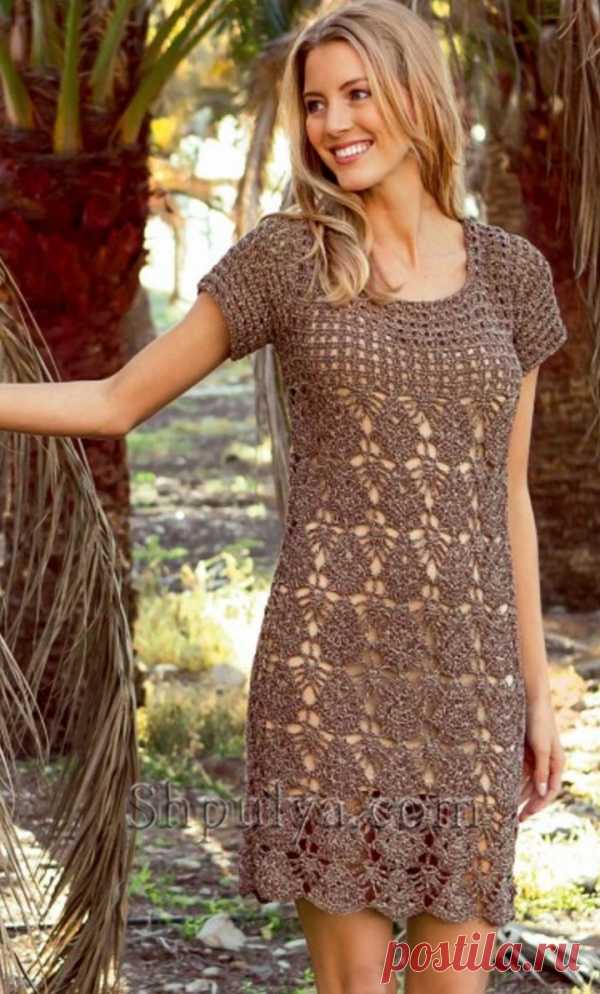 Ажурное платье из коричневой пряжи крючком - SHPULYA.com