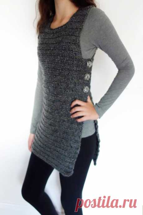 Tunic Crochet PATTERN-  Side Buttoned Vest/Ribbed Shrug/ Rustic Shoulders Coverup/ Sleeveless Long Sweater Stylish and comfy this long vest will keep you warm during cold days! Is great either with a casual outfit or with a sexy pair of jeans. It is warm and comfortable, the perfect accessory for any occasion. This easy project, suitable for a beginner, is worked flat in double crochet stitches. Crochet
