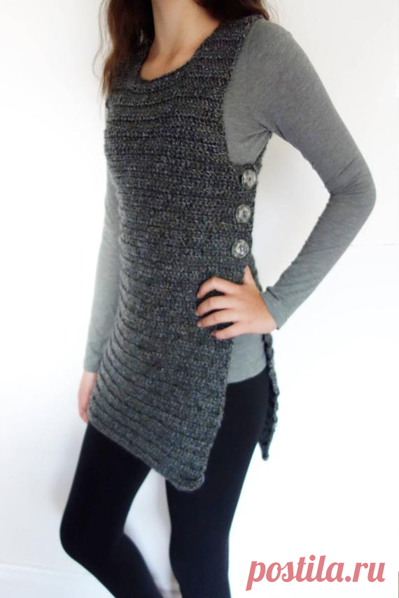 Tunic Crochet PATTERN-  Side Buttoned Vest/Ribbed Shrug/ Rustic Shoulders Coverup/ Sleeveless Long Sweater Stylish and comfy this long vest will keep you warm during cold days! Is great either with a casual outfit or with a sexy pair of jeans. It is warm and comfortable, the perfect accessory for any occasion. This easy project, suitable for a beginner, is worked flat in double crochet stitches. Crochet