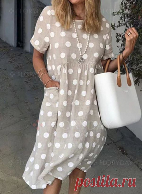 Casual Polka Dot Tunic Round Neckline Shift Dress - Floryday