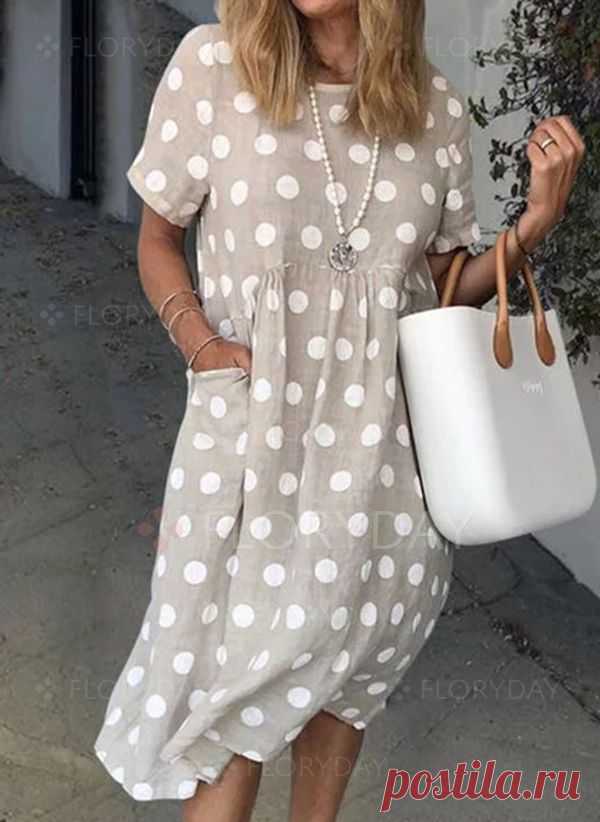 Casual Polka Dot Tunic Round Neckline Shift Dress - Floryday