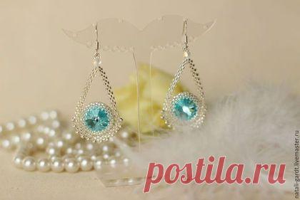 Купить Серьги с кристаллами сваровски - белый, бирюзовый, серьги ручной работы, серьги из бисера