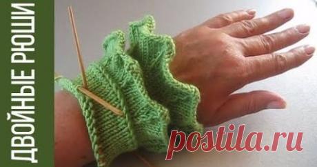 Двойные рюши спицами, связанные снизу вверх для отделки Вязание рюш в два ряда для оформления рукавов, полочек кофточек и кардиганов, юбочек, платьев, Оборки, фалды, кайма спицами на сайте Вераша