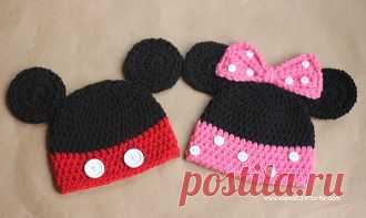 Детские шапки крючком схемы: Микки и Минни Маус для мальчика и девочки