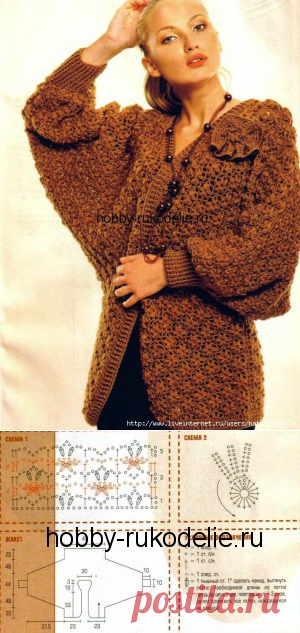 Вязание крючком жакета по схеме с рукавами “летучая мышь”