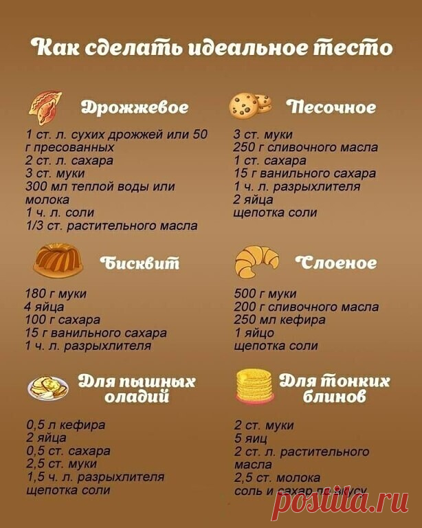 ИНТЕРЕСНАЯ ПОДБОРКА ТЕСТА.

Слоеное тесто

Понадобится:

1 литр воды,
2 яйца,
1,9 кг муки,
10 гр. соли,
10 гр. соды гашеной уксусом,
900 гр. маргарина 82% жирности не меньше.
Приготовление:
Замешиваем тесто из указанных ингредиентов кроме маргарина. Разделяем тесто на пять равных кусков (примерно по 0,5 кг каждый). Раскатываем каждый кусок по очереди в пласт. На середину каждой лепешки натираем на крупной терке по 180 гр. замороженного маргарина. Натерли — в морозильник, н...