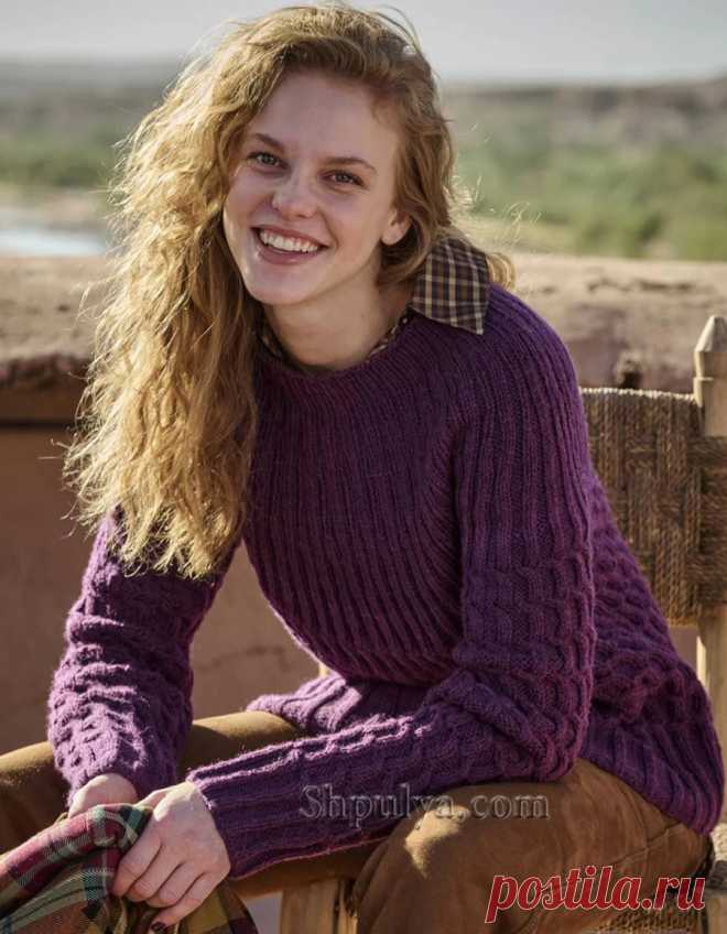 Баклажановый пуловер с кокеткой и «косами» — Shpulya.com - схемы с описанием для вязания спицами и крючком