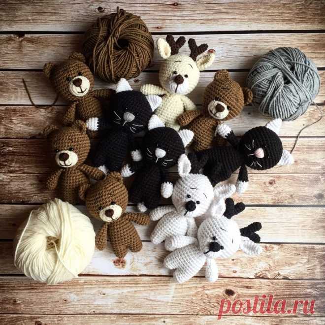 Вязаные животные: кот, мишка, зайчик и олень Вязаные животные: кот, мишка, зайчик и олень - универсальная схема, описание. Как связать кота, как связать мишку, как связать зайчика и как связать оленя.