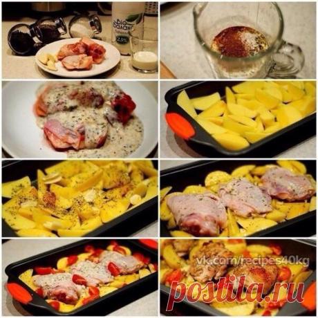 Курица маринованная в кефире, запечённая с картофелем с травами и чесноком / Всё за еду!